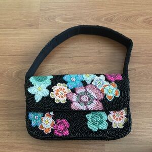 Floral Beaded Black Handbag